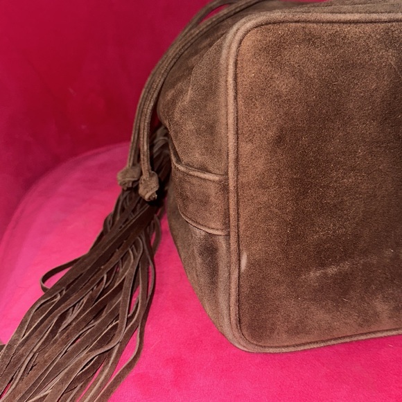 Chanel chocolate suede fringe bucket crossbody shoulder tote purse with pouch - Picture 7 of 16